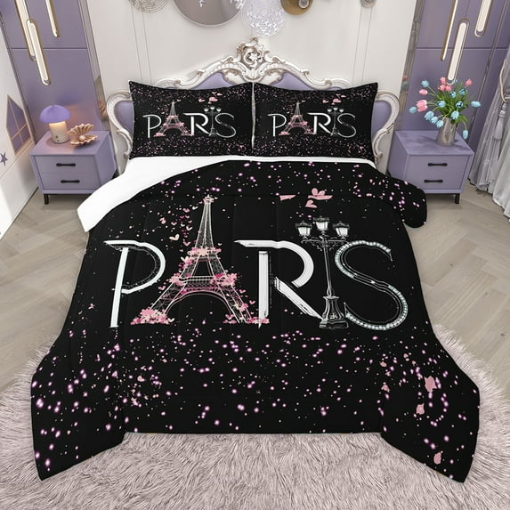 Homewish Pink Loves Pattern Bedding Comforter Set,Paris Eiffel Rower Twin Comforter Sets,Romantic Valentine'S Day Bedding Set For Girl,Microfiber Bedroom Decor,2pcs