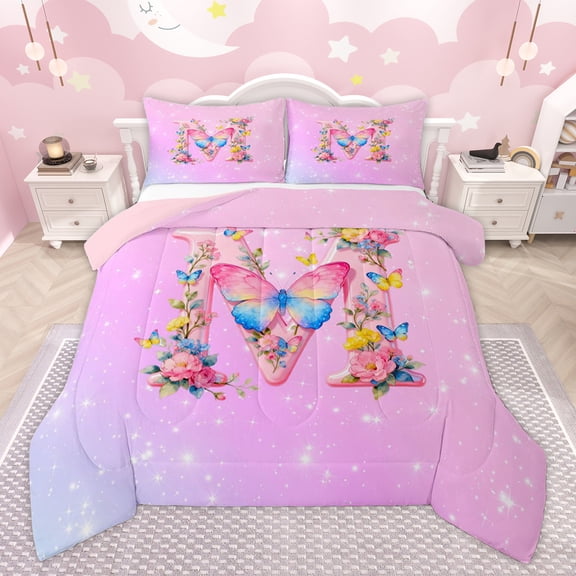 Homewish Pink Monogrammed M Queen Comforter Set for Kids, Dreamy Flower Butterfly Bedding Sets, Glitter Stars Print Reversible Bedding Comforter Set, Ultra Soft Bedroom Decor, 3-Piece