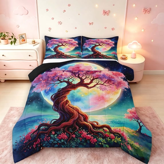 Homewish Pink Nature Tree Full Size Comforter Sets,Moon Flowers Galaxy Print Bedding Comforter Set,Black Reversible,3-Piece,1 Comforter and 2 Pillowcases