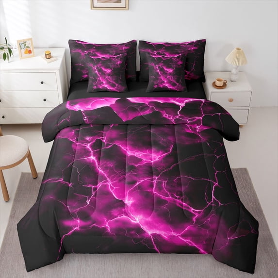 Homewish Pink Neon Lightning 7pcs Queen Bedding,Modern Abstract Bedding Comforter Set Queen,Black Reversible