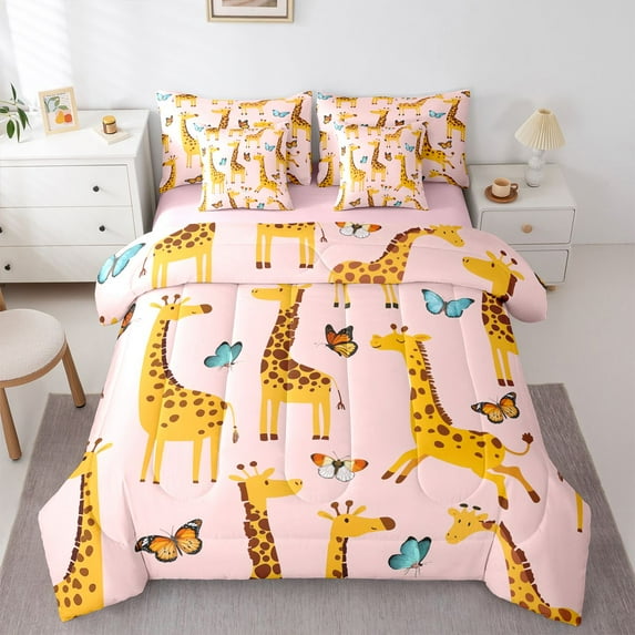 Homewish Pink Orange Giraffe Bedding Comforter Set 7-Piece for Child, Kawaii Butterfly Animal King Bedding Sets, Cartoon Theme Reversible Bed Sheets, Microfiber Bedroom Decor