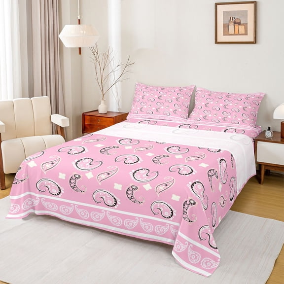 Homewish Pink Paisley Twin Sheet Sets,Retro Bohemain Print Twin Fitted Sheet,Rustic Flower Boho Flat Sheet For Adult,Ultra Soft Home Decor,3 Pieces