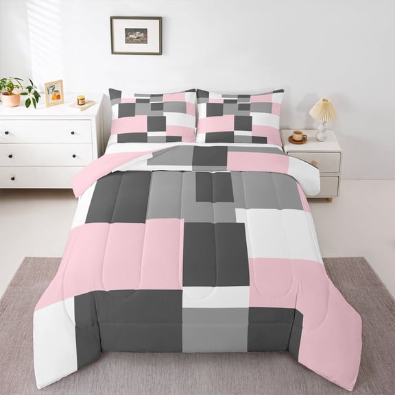 Homewish Pink Patchwork Checkered Queen Comforter Set,Modern Abstract Art Comforter Sets Queen,Pink Reversible,3-Piece,1 Comforter and 2 Pillowcases