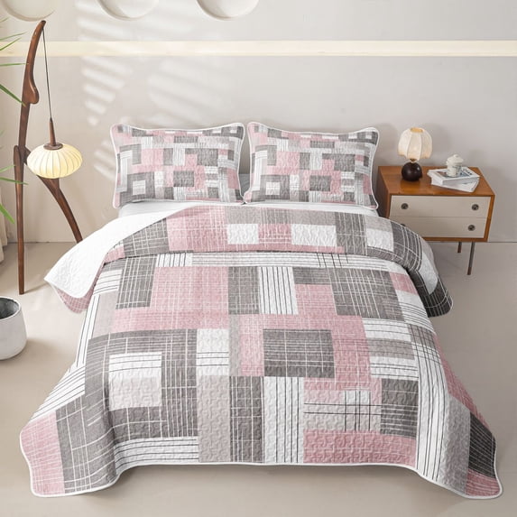 Homewish Pink Patchwork Checkered Quilt Full,Classic Abstract Geometric Full Bedspread Sets,3-Piece