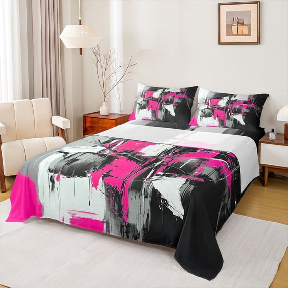 Homewish Pink Patchwork Geometric Queen Sheets,Classic Contemporary Queen Sheet Sets,4-Piece,1 Flat Sheet, 1 Fitted Sheet and 2 Pillowcases