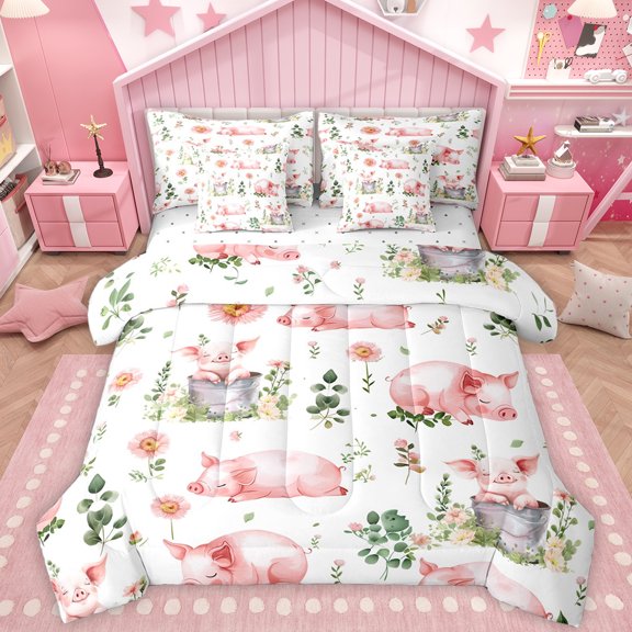 Homewish Pink Pig 7pcs Bedding Comforter Set,Rustic Flower Daisy Queen Bedding Sets,Rustic Farmhouse Cabin Queen Sheet Sets For Men Women,Microfiber Bedroom Decor Reversible
