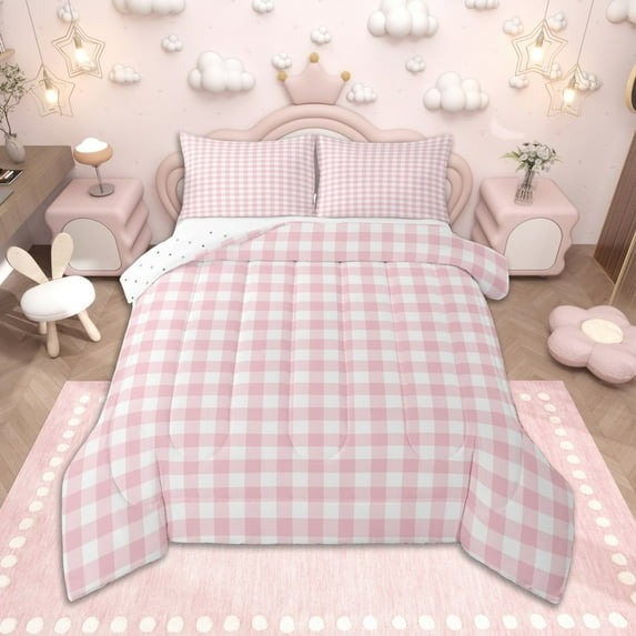 Homewish Pink Plaid Bedding Comforter Set, Geometric Buffalo Grid Twin Comforter Sets, Cute Checkered Bedding Set, Breathable Home Decor