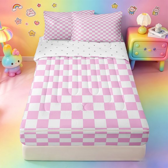 Homewish Pink Plaid Buffalo Zipper Twin Comforter Sets with Fitted Sheet and 2 Pillowcases,White Check Zipper Bedding Set For Girls,Reversible,4pcs