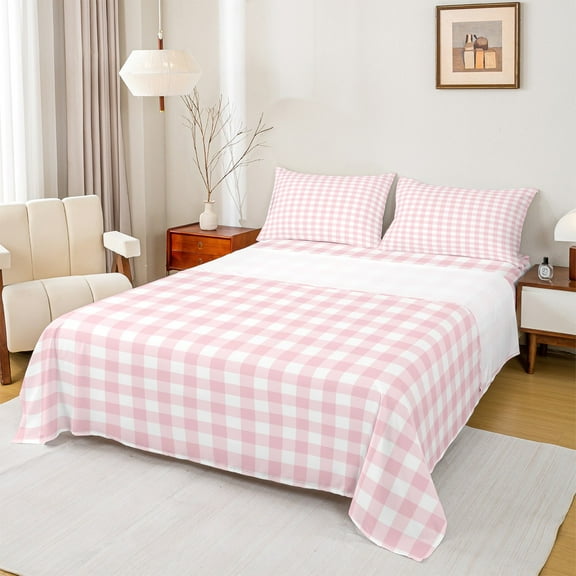 Homewish Pink Plaid Full Size Sheets 4 Pieces, Geometric Buffalo Grid Bed Sheets, Cute Checkered Sheet Sets, Breathable Home Decor