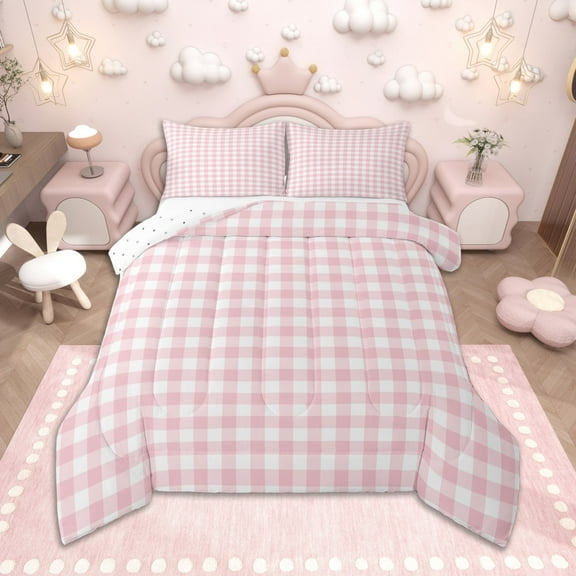 Homewish Pink Plaid Queen Comforter Set, Geometric Buffalo Grid Bedding Sets, Cute Checkered Bedding Comforter Set, Breathable Home Decor