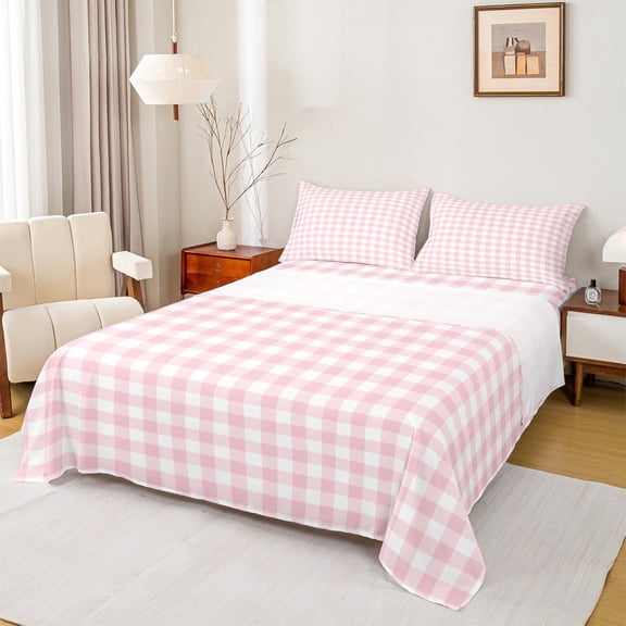 Homewish Pink Plaid Queen Sheet Sets 4-Piece, Geometric Buffalo Grid Flat Sheet, Cute Checkered Queen Fitted Sheet, Breathable Home Decor