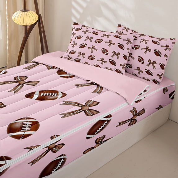Homewish Pink Princess Bow Zipper Twin Comforter Sets with Fitted Sheet and 2 Pillowcases for Kids, Baseball Sports Zipper Bedding Set, Pink Reversible, 4-Piece