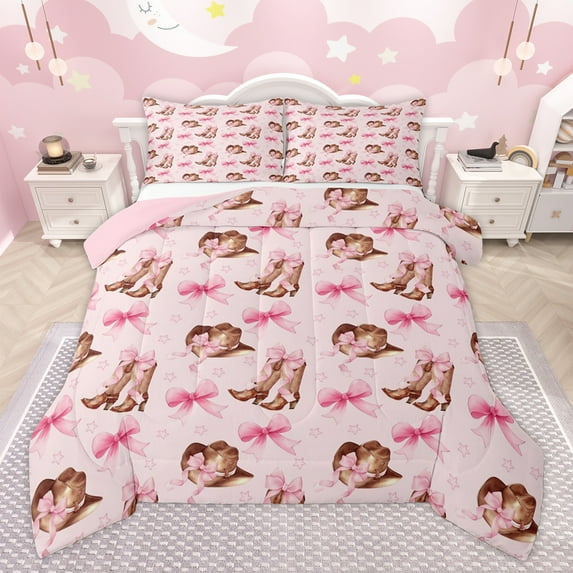 Homewish Pink Princess Bowknot Bedding Comforter Set for Girl, Cowgirl Boot Hat Twin Comforter Sets, Cartoon Stars Print Reversible Bedding Set, Luxury Bedroom Decor, 2-Piece