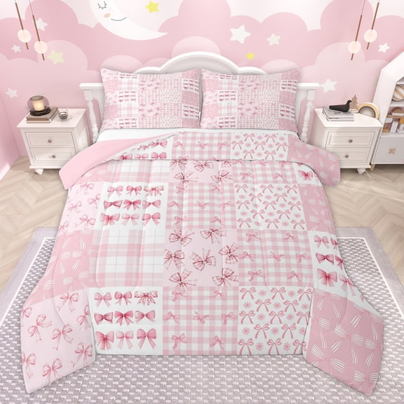 Homewish Pink Princess Bowknot Bedding Comforter Set for Girl, Kawaii Ribbon Bow Twin Comforter Sets, Fashion Bow-tie Reversible Bedding Set, Breathable Home Decor, 2-Piece