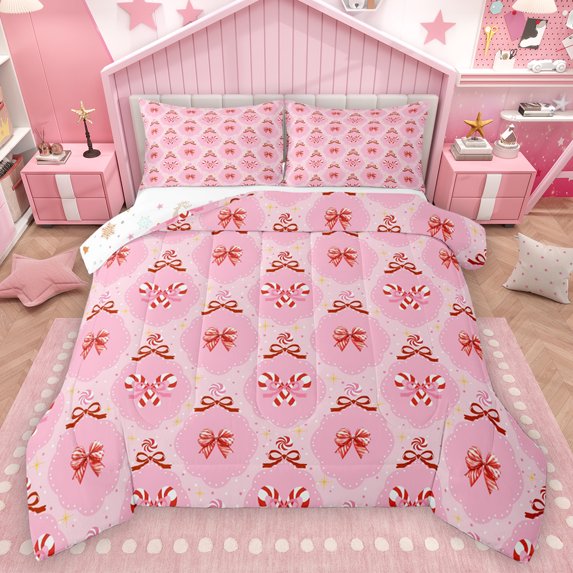 Homewish Pink Princess Bowknot Queen Comforter Set, Cartoon Stars Print Bedding Sets, Merry Christmas Reversible Bedding Comforter Set, Microfiber Bedroom Decor, 3pcs