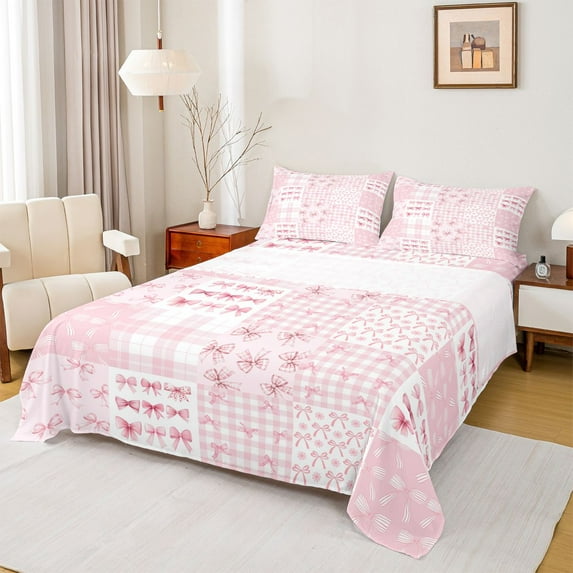 Homewish Pink Princess Bowknot Twin Sheet Sets for Girl, Kawaii Ribbon Bow Twin Fitted Sheet, Fashion Bow-tie Flat Sheet, Breathable Home Decor, 3-Piece
