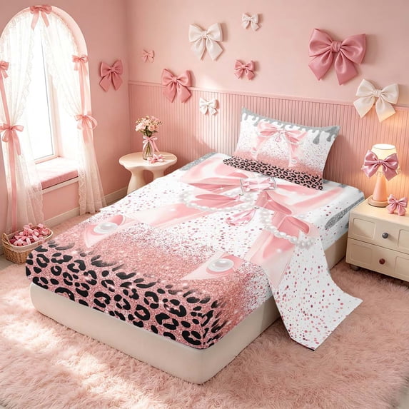 Homewish Pink Princess Bowknot Twin Sheets for Girls, Glitter Cheetah Print Bedding, 3 Pieces (1 Flat Sheet, 1 Fitted Sheet and 1 Pillowcase)