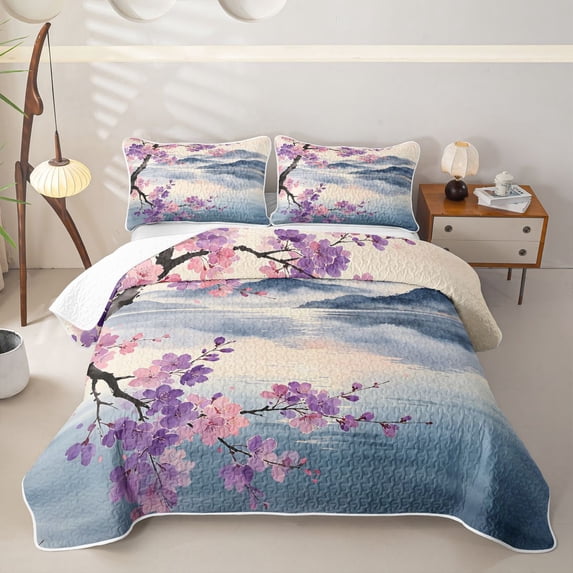 Homewish Pink Purple Cherry Blossom Quilt King,Japanese Style King Coverlet Set,3-Piece