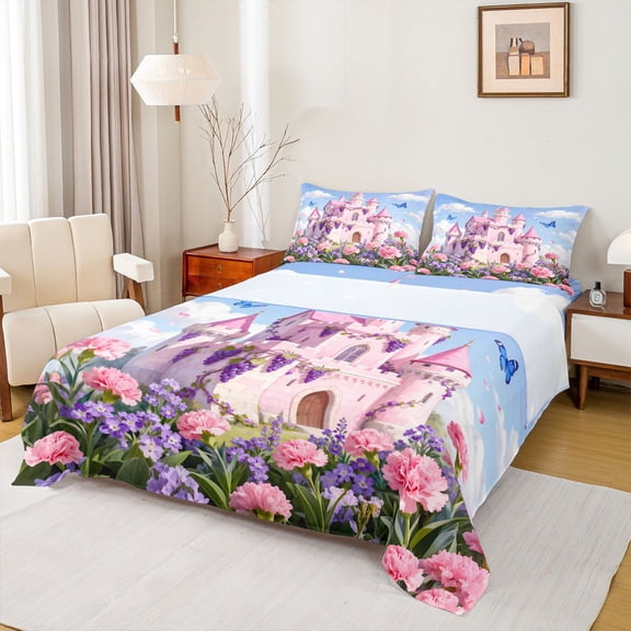 Homewish Pink Purple Flower Bed Sheets,Fairy Tale Castle King Sheets,Chic Butterfly Sheet Set For Girls Teens,Microfiber Bedroom Decor,4 Pieces