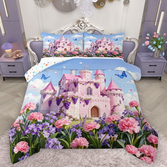 Homewish Pink Purple Flower Full Size Comforter Sets,Fairy Tale Castle Bedding Comforter Set,Chic Butterfly Bedding Sets For Girls Teens,Microfiber Bedroom Decor Reversible,3pcs