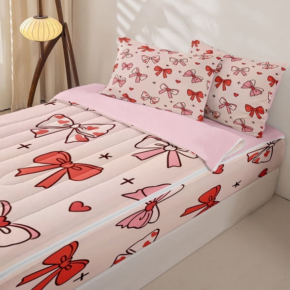 Homewish Pink Red Love Heart Bow Zipper Twin Comforter Sets with Fitted Sheet and 2 Pillowcases for Girls, Cartoon Stars Print Zipper Bedding Set, Pink Reversible, 4pcs