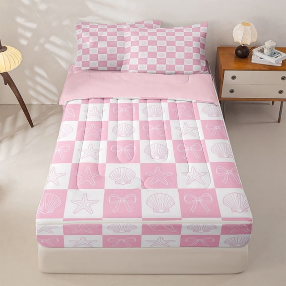 Homewish Pink Ribbon Bowknot Zipper Twin Comforter Sets with Fitted Sheet and 2 Pillowcases For Girls Kids,Modern Geometric Plaid Zipper Bedding Set,Reversible,4-Piece