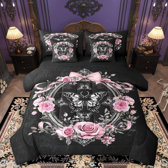 Homewish Pink Rose 7-Piece Bedding Comforter Set,Romantic Valentine'S Day King Bedding Sets,Gothic Moth Bed Sheets For Girls,Super Cozy Room Decor Reversible