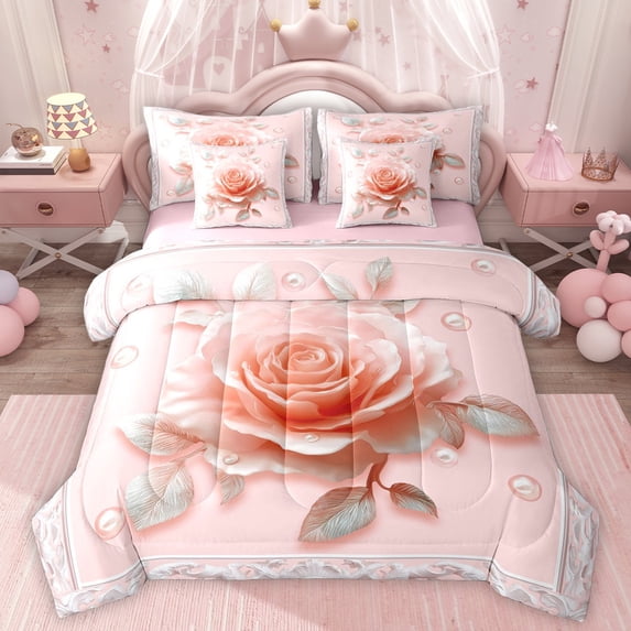 Homewish Pink Rose 7pcs Bedding Comforter Set,Romantic Floral Flower Queen Bedding Sets,Retro Print Queen Sheet Sets For Girls Kids,Breathable Home Decor Reversible