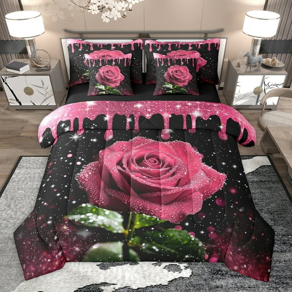 Homewish Pink Rose 7pcs Bedding Comforter Set,Romantic Flower Queen Bedding Sets,Chic Butterfly Queen Sheet Sets For Girls Kids,Breathable Home Decor Reversible