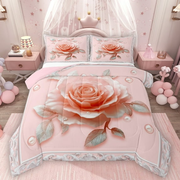 Homewish Pink Rose Bedding Comforter Set,Romantic Floral Flower Twin Comforter Sets,Retro Print Bedding Set For Girls Kids,Breathable Home Decor Reversible,2pcs