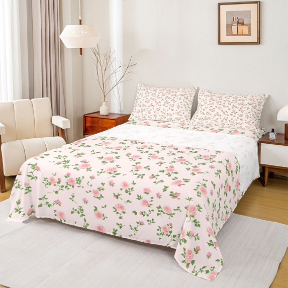 Homewish Pink Rose Floral Bed Sheets for Kids, Cartoon Boho Flower King Sheets, Simple French Style Sheet Set, Super Cozy Room Decor, 4pcs