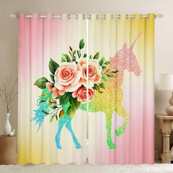 Homewish Pink Rose Floral Blackout Curtains Set of 2 (52x84 Each), Sequin Print Unicorn Window Curtains, Romantic Fashion Curtains and Drapes, Curtains and Drapes Decor