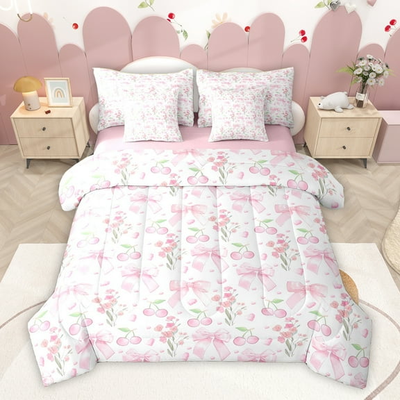 Homewish Pink Rose Flower Bedding Comforter Set 7pcs for Girls, Princess Cartoon Bowknot King Bedding Sets, Plant Botanical Reversible Bed Sheets, Ultra Soft Bedroom Decor