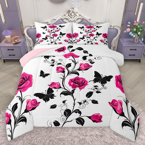 Homewish Pink Rose Flower Bedding Comforter Set,Country Floral Twin Comforter Sets,Rustic Botanical Butterflies Bedding Set For Girl Teens,Luxury Bedroom Decor Reversible,2-Piece