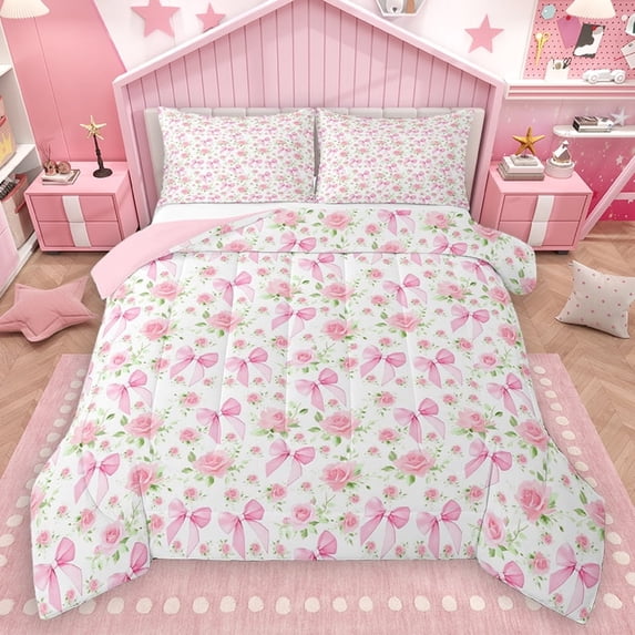 Homewish Pink Rose Flower Full Size Comforter Sets for Girls, Princess Cartoon Bowknot Bedding Comforter Set, Plant Botanical Reversible Bedding Sets, Ultra Soft Bedroom Decor, 3pcs