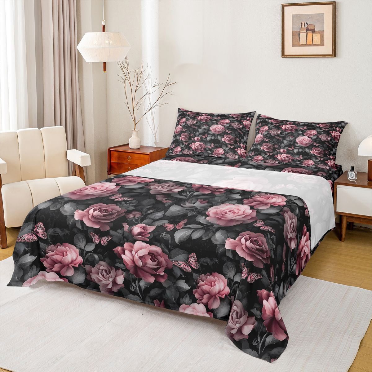 Pink Roses Sheets Homewish Pink Rose Flower Full Size Sheets for Women, Vintage Romantic ...