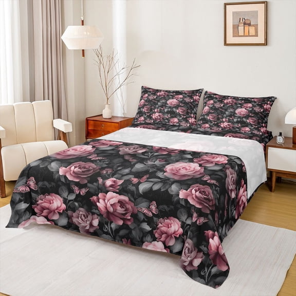 Homewish Pink Rose Flower Full Size Sheets for Women, Vintage Romantic Floral Bed Sheets, Rustic Farmhouse Sheet Sets, Microfiber Bedroom Decor, 4-Piece