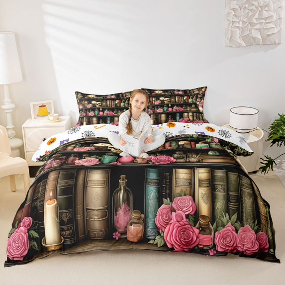 Homewish Pink Rose Wizard Shelf Duvet Cover Queen for Kids, Vintage Skull Halloween Queen Bedding, Halloween Reversible, 3-Piece, 1 Duvet Cover and 2 Pillowcases
