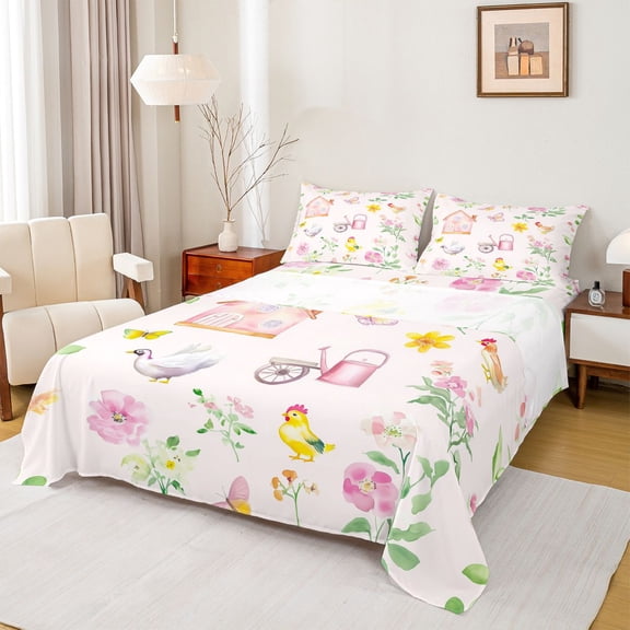 Homewish Pink Rustic Cabin Twin Sheet Sets for Kids, Cartoon Farm Rooster Twin Fitted Sheet, Kawaii Pink Floral Flat Sheet, Luxury Bedroom Decor, 3-Piece