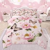 Homewish Pink Rustic Flower Bedding Comforter Set for Women, Kawaii Butterfly Animal Twin Comforter Sets, Vintage Fashion Style Reversible Bedding Set, Ultra Soft Bedroom Decor, 2 Pieces