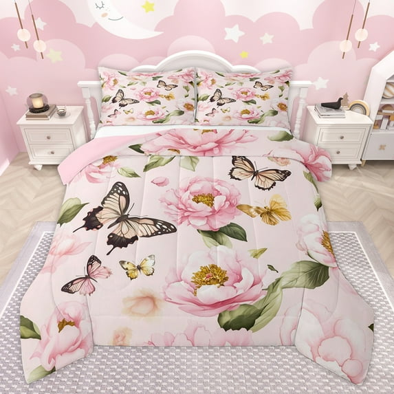 Homewish Pink Rustic Flower Bedding Comforter Set for Women, Kawaii Butterfly Animal Twin Comforter Sets, Vintage Fashion Style Reversible Bedding Set, Ultra Soft Bedroom Decor, 2 Pieces
