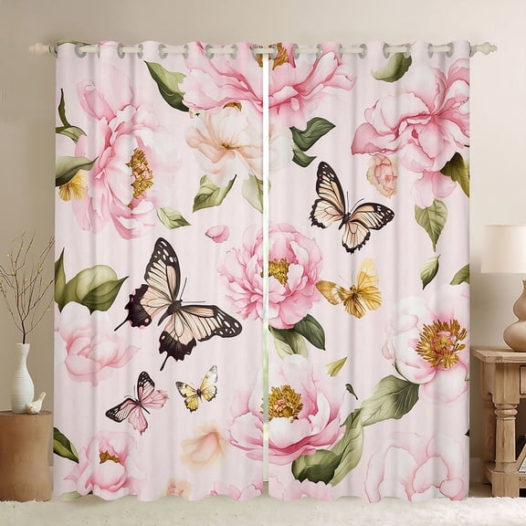 Homewish Pink Rustic Flower Black Out Curtains for Women, Kawaii Butterfly Animal Curtains Pack of 2 (42x63 Each), Vintage Fashion Style Bedroom Curtains, Black Out Curtains Bedroom Decor