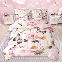 Homewish Pink Rustic Flower Twin Bedding Sets 7-Piece for Women, Kawaii Butterfly Animal Bedding Comforter Set, Vintage Fashion Style Reversible Sheet Sets, Ultra Soft Bedroom Decor