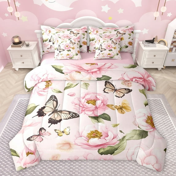 Homewish Pink Rustic Flower Twin Bedding Sets 7-Piece for Women, Kawaii Butterfly Animal Bedding Comforter Set, Vintage Fashion Style Reversible Sheet Sets, Ultra Soft Bedroom Decor