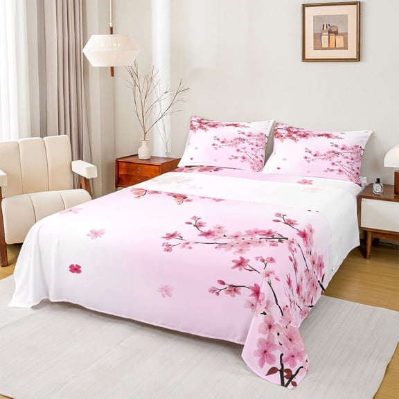 Homewish Sakura Rustic Pink King 4-Piece Reversible Girls Super Cozy Japanese Cherry Floral Sheet Set