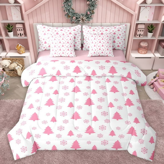 Homewish Pink Snowflakes Tree Twin Bedding Sets 7-Piece for Female Men Adults,Merry Christmas Xmas Bedding Comforter Set Microfiber,Happy New Year Breathable Sheet Sets,Luxury Bedroom Decor