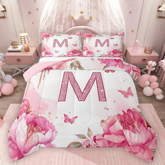 Homewish Pink Sparking Print Bedding Comforter Set,Rustic Flower Floral Twin Comforter Sets,First Letter M Bedding Set For Girls,Super Cozy Room Decor Reversible,2-Piece