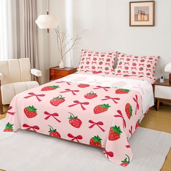 Homewish Pink Starwberries Bowtie Bed Sheets,Cute Ribbon Bowknot King Sheets,Red Bow Tie Sheet Set For Girl Kids,Breathable Home Decor,4 Pieces