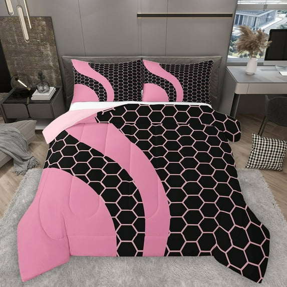 Homewish Pink Stripes Bedding Comforter Set 2pcs for Female Men Adults,Geometric Hexagon Twin Comforter Sets Microfiber,Abstract Honeycomb Breathable Bedding Set,Breathable Home Decor,Reversible