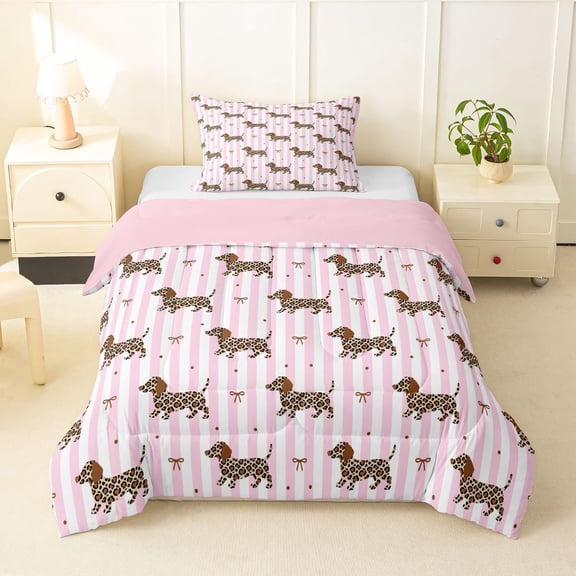 Homewish Pink Stripes Dachshund Twin Comforter Sets,Leopard Print Dog Bedding Set,Pink Reversible,2-Piece,1 Comforter and 1 Pillowcase